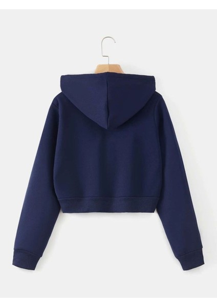 Kadın Lacivert Fitted Crop Kapşonlu Zip Fermuarlı Polar Hırka Sweatshirt fırsatları
