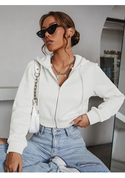 Kadın Kırık Beyaz Fitted Crop Kapşonlu Zip Fermuarlı Polar Hırka Sweatshirt