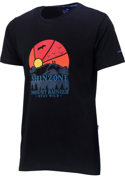 Erkek Bisiklet Yaka Standart Fit Göğüs Baskılı Siyah T-Shirt