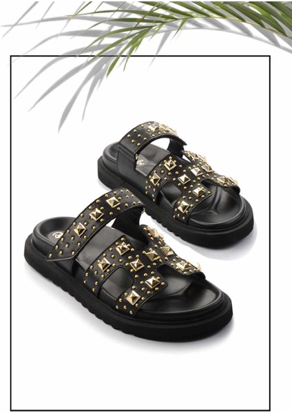 Kadın Terlik Düz Topuklu Suni Deri Siyah Günlük Kullanım İçin Konforlu