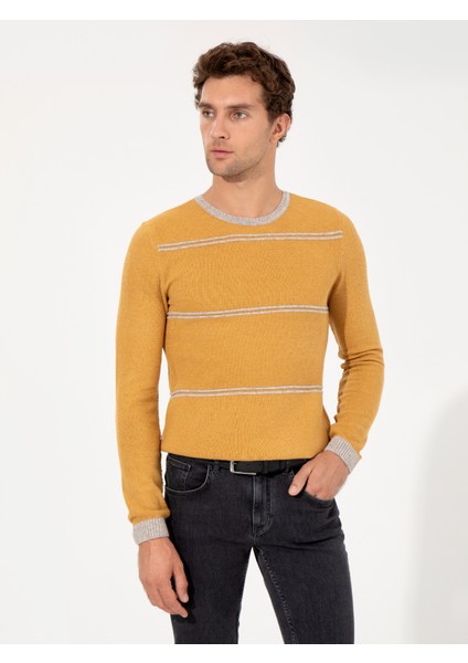 Erkek Sarı Slim Fit Yün Karışımlı Bisiklet Yaka Triko Kazak 50258829-VR044