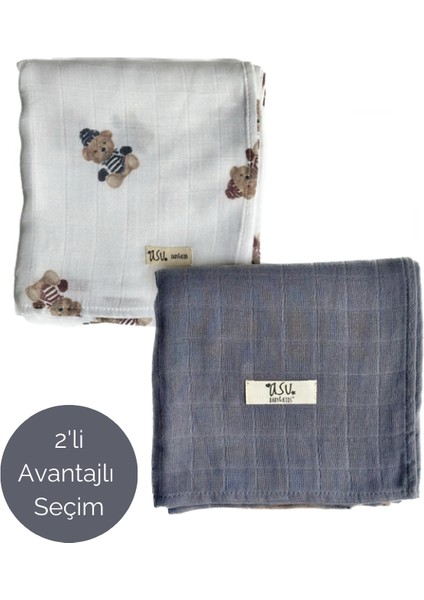 Asu Baby&kids Mix&match 2'li Organik Pamuk Müslin Vintage Ayı&navy Blue