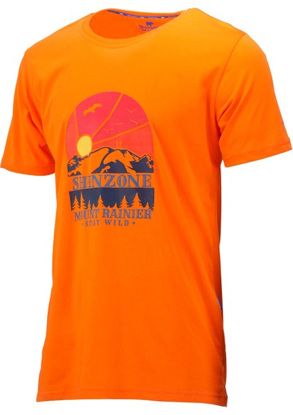 Erkek Bisiklet Yaka Standart Fit Göğüs Baskılı Turuncu T-Shirt