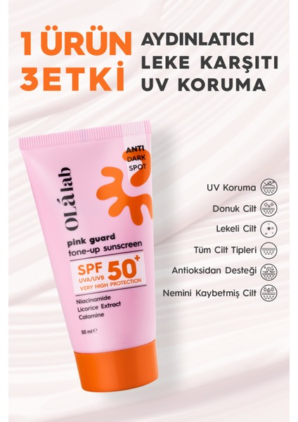 Olalab Aydınlatıcı Ton Eşitleyici Spf 50+ Yüksek Uv Koruma Pembe Yüz Güneş Kremi 50 ml