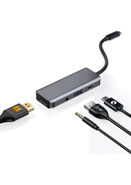 4'ü 1 Arada Usb-C Hub Type-C Pd 100W HDMI USB 3.5mm Aux Uyumlu