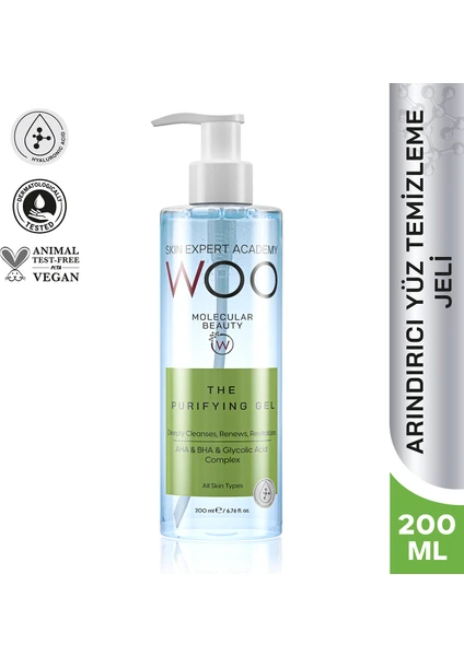 Woo Skin Expert Academy Arındırıcı, Sıkılaştırıcı, Güneş & Sivilce  Leke Açma Etkili ve Canlandırıcı Yüz Temizleme Jeli 200ml (AHA+BHA ve Hyaluronic Acid) Akne Oluşumunu Azaltma , Leke Açıcı