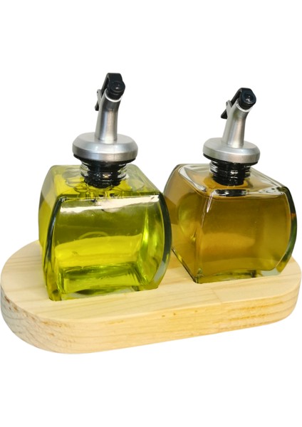 Pıtrakstore Ahşap Stantlı Şeffaf 2'li 150ML Zeytinyağı Sosluk Yağlık Yağdanlık Gümüş Başlık fırsatları