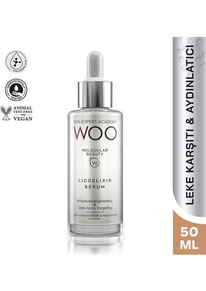 Woo Skin Expert Academy Licoelixir; Leke Karşıtı, Koyu Leke Karşıtı , Aydınlatıcı  ve Eşit Cilt Tonu Etkili Bakım Serumu 50ml (Arbutin, Licorice Root ve Niacinamide İçerikli)