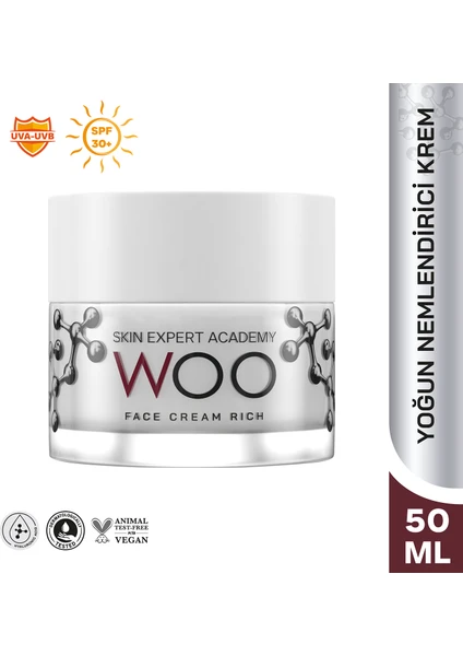 Woo Skin Expert Academy Face Cream Rich; Yoğun Nemlendirici, Besleyici, Canlandırıcı Zengin İçerik & SPF 30 UVA-UVB Güneş Korumalı Yüz Kremi 50ml Tüm ciltler için