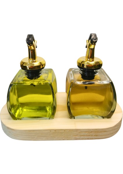 Pıtrakstore Ahşap Stantlı Şeffaf 2'li 150ML Zeytinyağı Sosluk Yağlık Yağdanlık Gold Başlık
