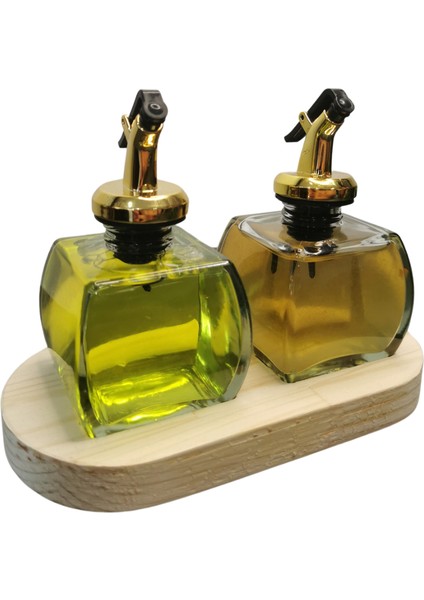 Pıtrakstore Ahşap Stantlı Şeffaf 2'li 150ML Zeytinyağı Sosluk Yağlık Yağdanlık Gold Başlık modelleri