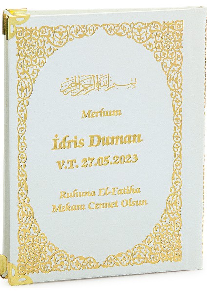 50 Adet Isim Baskılı Ayet-El Kürsi Desenli Yaldızlı Deri Ciltli Çanta Boy Yasin Kitabı Mevlüt Hediyesi 128 Sayfa Beyaz