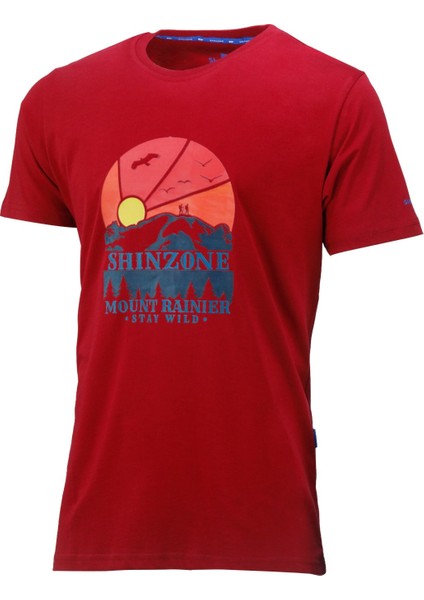 Erkek Bisiklet Yaka Standart Fit Göğüs Baskılı Bordo T-Shirt