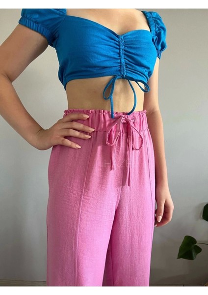 Kadın Pembe Yüksek Bel Önden Yırtmaçlı Keten Pantolon modelleri