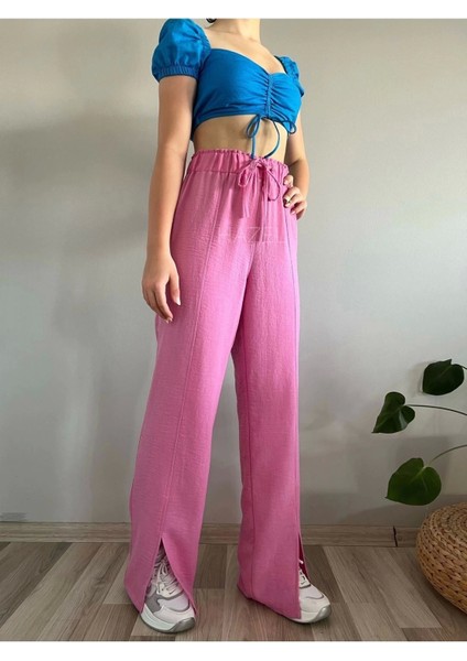 Kadın Pembe Yüksek Bel Önden Yırtmaçlı Keten Pantolon indirimleri