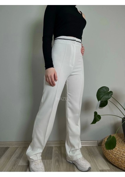 Kadın Beyaz Yüksek Bel Çimalı Kemer Detaylı Pantolon