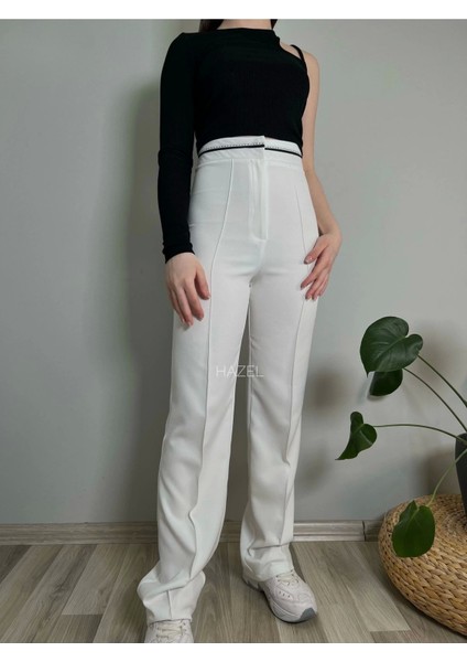 Kadın Beyaz Yüksek Bel Çimalı Kemer Detaylı Pantolon