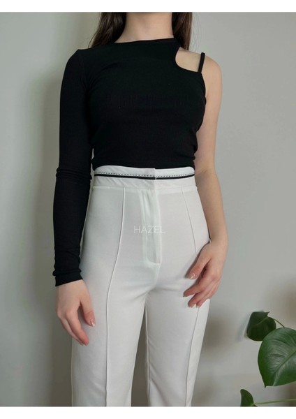 Kadın Beyaz Yüksek Bel Çimalı Kemer Detaylı Pantolon