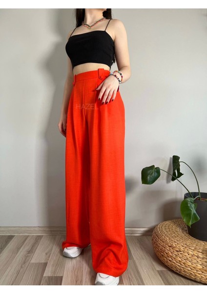 Kadın Turuncu Keten Düğmeli Yüksek Bel Palazzo Pantolon indirimleri