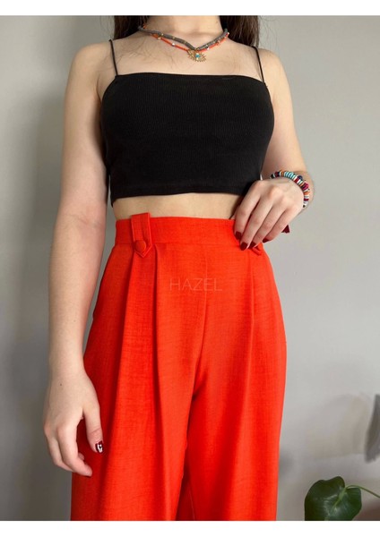 Kadın Turuncu Keten Düğmeli Yüksek Bel Palazzo Pantolon fırsatları