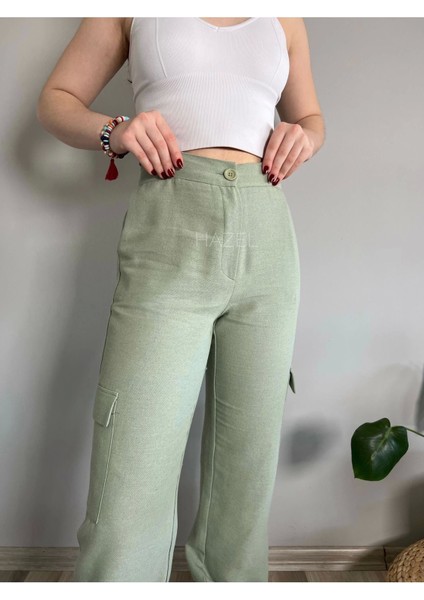 Kadın Yeşil Yüksek Bel Keten Kargo Cepli Pantolon fiyatları