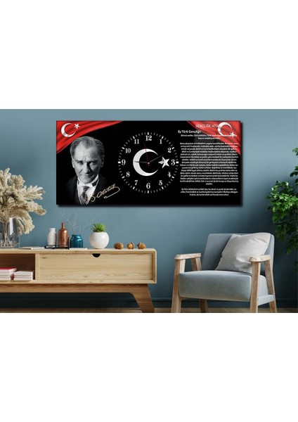 Atatürk'ün Gençliğe Hitabesi Yatay Ortadan Saatli Vatan Temalı Cam Tablo 009 YSOV009
