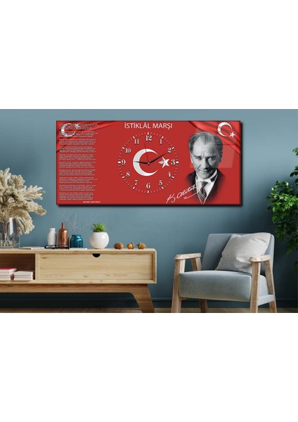 Atatürk ve Istiklal Marşı Yatay Ortadan Saatli Vatan Temalı Cam Tablo 012 YSOV012