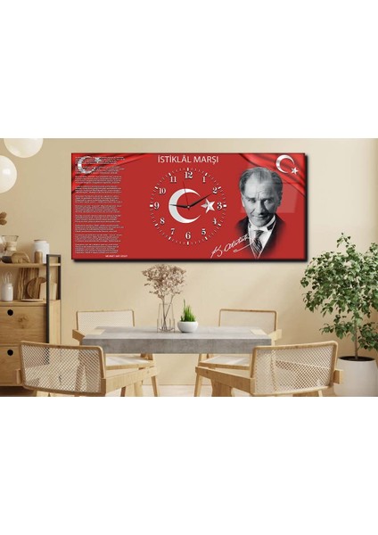 Atatürk ve Istiklal Marşı Yatay Ortadan Saatli Vatan Temalı Cam Tablo 012 YSOV012