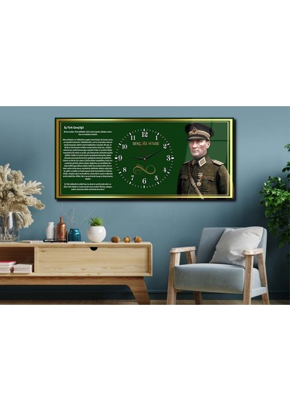 Yatay Ortadan Saatli Vatan Temalı Cam Tablo 039 YSOV039