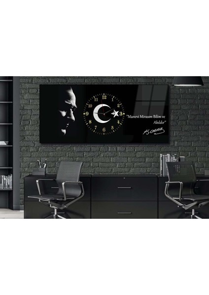 Atatürk Manevi Mirasım Bilim ve Akıldır Yatay Ortadan Saatli Vatan Temalı Cam Tablo 019 YSOV019