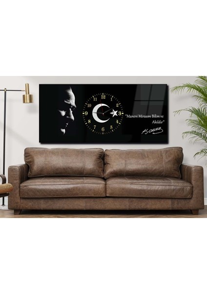 Atatürk Manevi Mirasım Bilim ve Akıldır Yatay Ortadan Saatli Vatan Temalı Cam Tablo 019 YSOV019