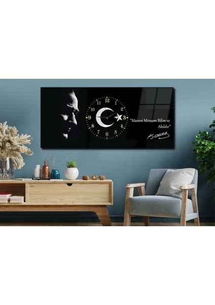 Atatürk Manevi Mirasım Bilim ve Akıldır Yatay Ortadan Saatli Vatan Temalı Cam Tablo 019 YSOV019