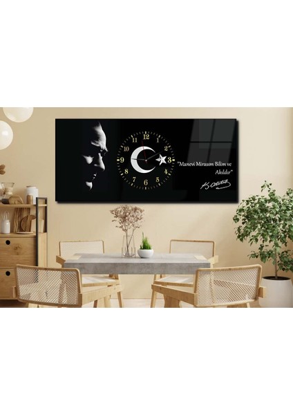 Atatürk Manevi Mirasım Bilim ve Akıldır Yatay Ortadan Saatli Vatan Temalı Cam Tablo 019 YSOV019