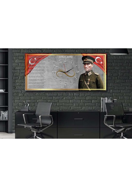 Istiklal Marşı ve Atatürk Yatay Ortadan Saatli Vatan Temalı Cam Tablo 033 YSOV033