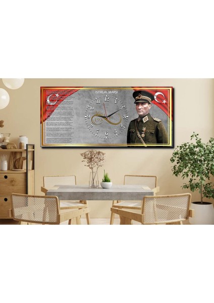 Istiklal Marşı ve Atatürk Yatay Ortadan Saatli Vatan Temalı Cam Tablo 033 YSOV033