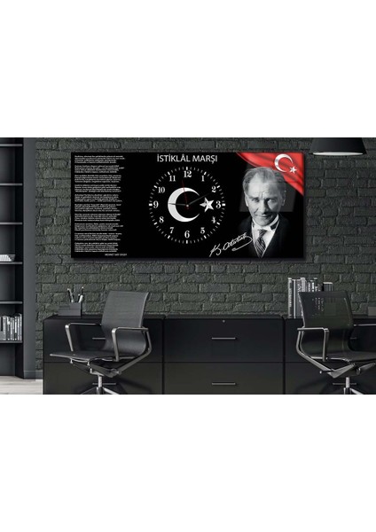 Atatürk ve Istiklal Marşı Yatay Ortadan Saatli Vatan Temalı Cam Tablo 014 YSOV014