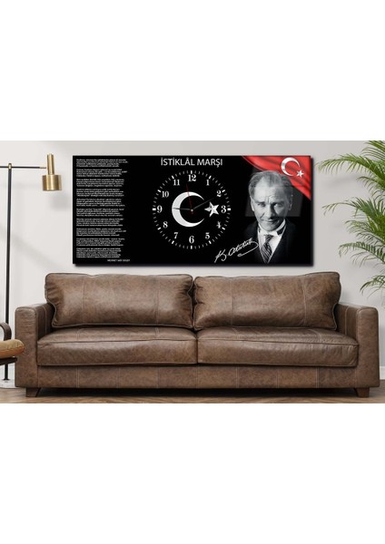 Atatürk ve Istiklal Marşı Yatay Ortadan Saatli Vatan Temalı Cam Tablo 014 YSOV014