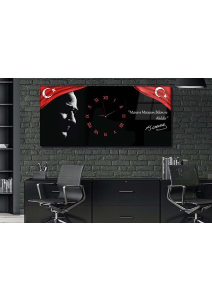 Atatürk Manevi Mirasım Bilim ve Akıldır Yatay Ortadan Saatli Vatan Temalı Cam Tablo 017 YSOV017