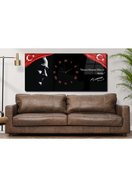 Atatürk Manevi Mirasım Bilim ve Akıldır Yatay Ortadan Saatli Vatan Temalı Cam Tablo 017 YSOV017