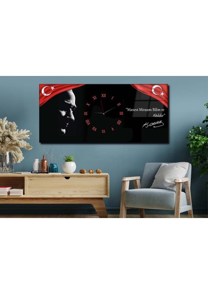 Atatürk Manevi Mirasım Bilim ve Akıldır Yatay Ortadan Saatli Vatan Temalı Cam Tablo 017 YSOV017