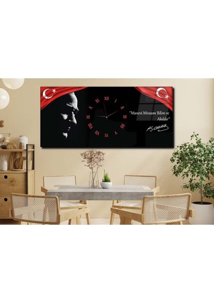 Atatürk Manevi Mirasım Bilim ve Akıldır Yatay Ortadan Saatli Vatan Temalı Cam Tablo 017 YSOV017