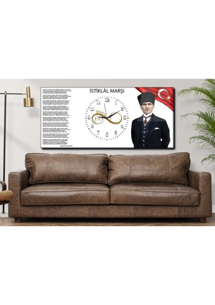 Atatürk ve Istiklal Marşı Yatay Ortadan Saatli Vatan Temalı Cam Tablo 026 YSOV026