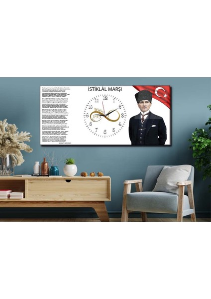 Atatürk ve Istiklal Marşı Yatay Ortadan Saatli Vatan Temalı Cam Tablo 026 YSOV026