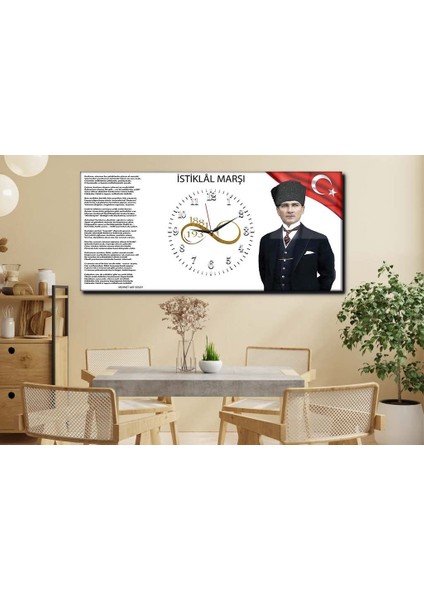 Atatürk ve Istiklal Marşı Yatay Ortadan Saatli Vatan Temalı Cam Tablo 026 YSOV026