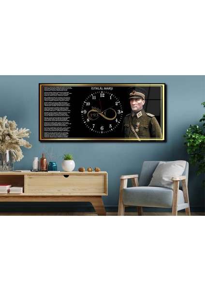 Yatay Ortadan Saatli Vatan Temalı Cam Tablo 035 YSOV035