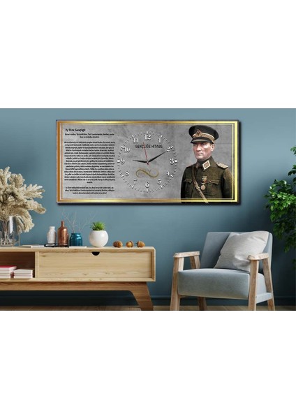 Atatürk ve Gençliğe Hitabesi Yatay Ortadan Saatli Vatan Temalı Cam Tablo 041 YSOV041
