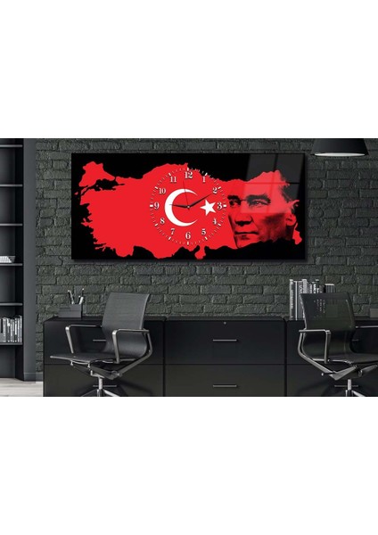 Türk Bayrağı ve Atatürk Yatay Ortadan Saatli Vatan Temalı Cam Tablo 060 YSOV060