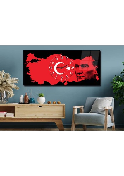 Türk Bayrağı ve Atatürk Yatay Ortadan Saatli Vatan Temalı Cam Tablo 060 YSOV060