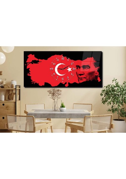 Türk Bayrağı ve Atatürk Yatay Ortadan Saatli Vatan Temalı Cam Tablo 060 YSOV060