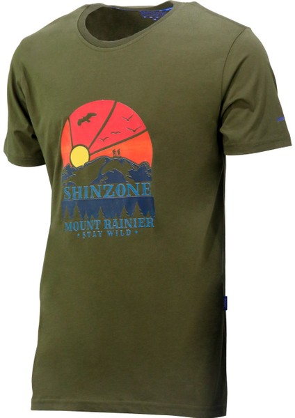 Erkek Bisiklet Yaka Standart Fit Göğüs Baskılı Haki T-Shirt